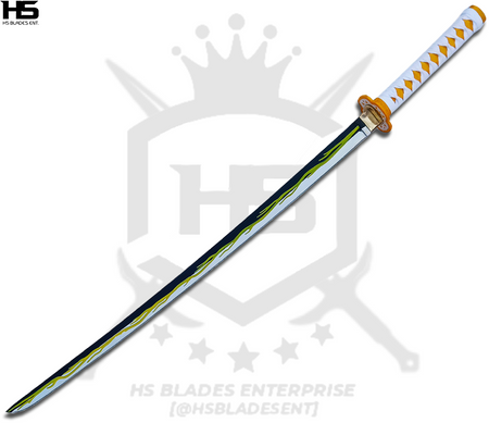zenitsu nichirin is a samurai katana sword in nature that is full tang hand forged in numerous battle ready and cosplay sword with a yellow thunder hamon on the blade