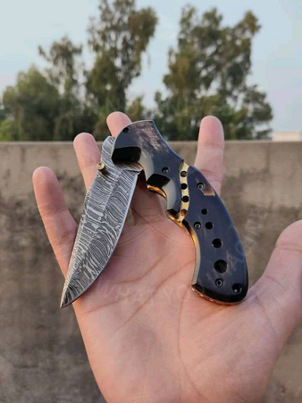 The Husky Damascus Folding Knife with FREE Leather Pouch