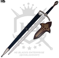 This is featured Glamdring Sword of Gandalf the Grey that comes with wooden plaque and wooden scabbard with black scabbard and black handle