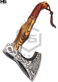 "Custom Viking Axe with Handcrafted Design and Protective Sheath."