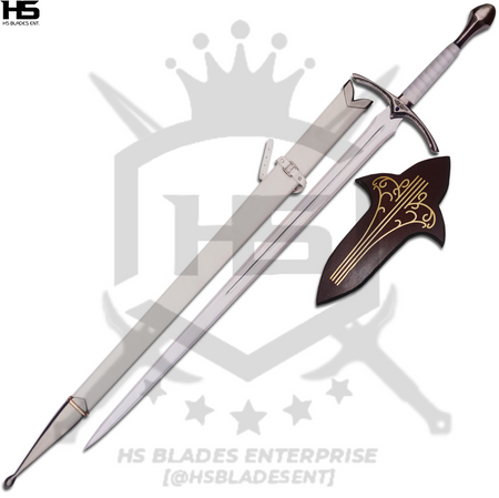 This is featured Glamdring Sword of Gandalf the White that comes with wooden plaque and wooden scabbard with white scabbard and black handle