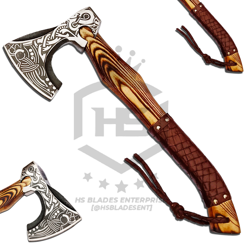 "ALT text: A powerful Viking axe with a sturdy wooden handle and a sharp, bearded blade. This functional axe represents the strength and heritage of Norse warriors."