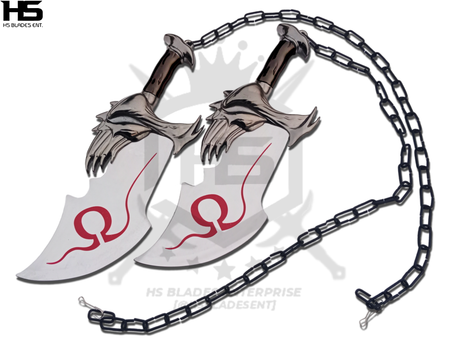chaos blades of kratos forged in carbon steel are full tang, functional with edges and black chain as used by kratos.