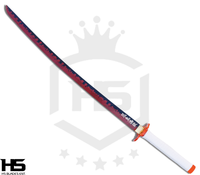 the sword of rengoku is 40inches long with a full tang handle that is cotton wrapped with white cord. The blade is 28inches which is forged from high quality steels and has a red hamon on it.