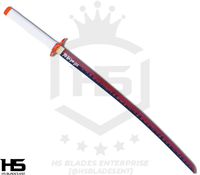 rengoku's sword is sharp edged and battle ready with demon slayer inscription.