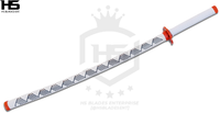 rengoku's sword comes a wooden scabbard that is embossed with rengoku's signature mark.