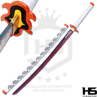 rengoku's nichirin blade is a full tang replica of fire hashira's sword from demon slayer that comes with a embossed scabbard and a hilt of the shape of fire..
