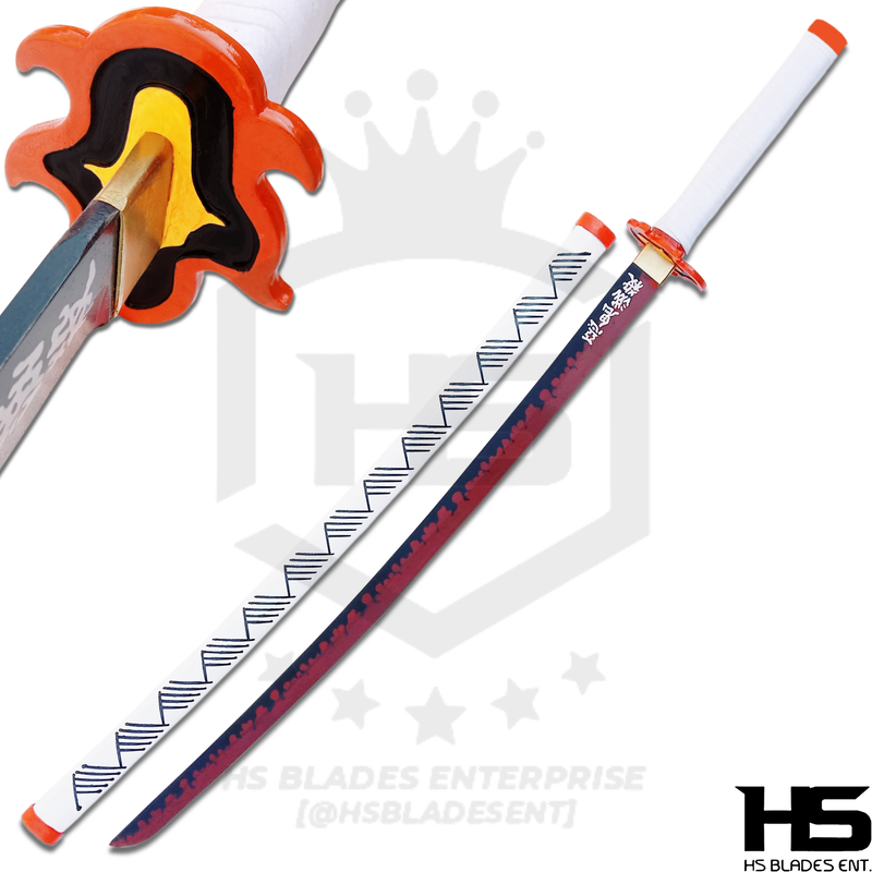 rengoku's nichirin blade is a full tang replica of fire hashira's sword from demon slayer that comes with a embossed scabbard and a hilt of the shape of fire..