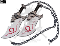 chaos blades of kratos forged in carbon steel are full tang, functional with edges and black chain as used by kratos.