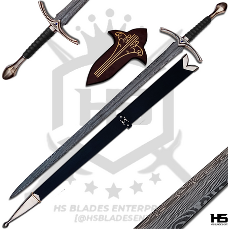 the black glamdring sword of gandalf with plaque and scabbard