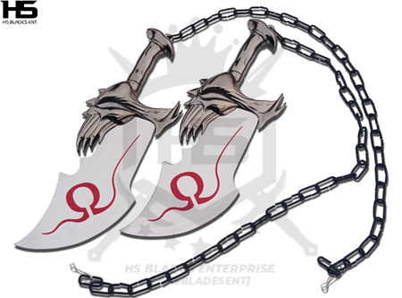 chaos blades of kratos forged in carbon steel are full tang, functional with edges and black chain as used by kratos.