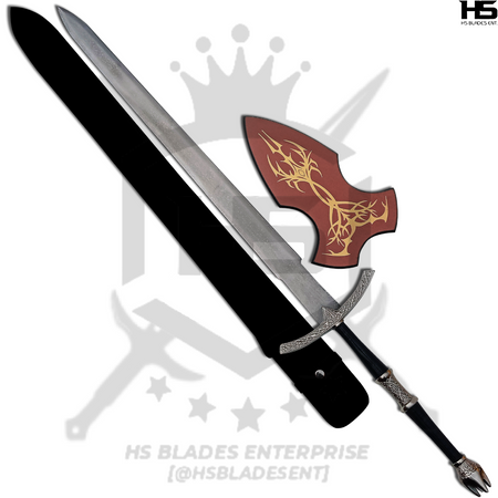 witch-king sword's replica on sale here comes with silk-screen printed plaque and hand-stitched leather sheath as it is good both for decorative display purposes and functional fencing purposes
