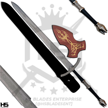 Sword of Witchking of Angmar, The King of Ringwraiths, has acidic runic medieval finish for longswords, with 45inches length that features 13inch handle and 32inch blade. Plaque and sheath are available by default. Pommel and guard have morgul vales on it while pommel also matches the pommel of morgul blade.
