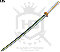 zenitsu nichirin is a samurai katana sword in nature that is full tang hand forged in numerous battle ready and cosplay sword with a yellow thunder hamon on the blade