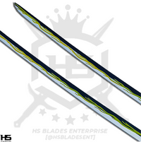 the blade of zenitsu sword is hand forged in steel and is embossed exclusively with thunder pattern filed with yellow color to show its association with both Zenitsu and Thunder Hashiras and fighters.