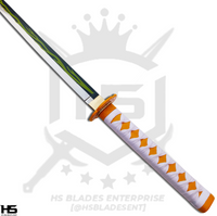 the guard of zenitsu sword features unique pattern and is yellow in color along with other fittings. The handle of zenitsu's nichirin is full tang construction and is wrapped with white cotton cord