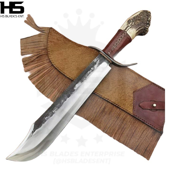 Fully Customizable 120 Undertaker Bowie Knife with Stag Antler Handle & Leather Sheath