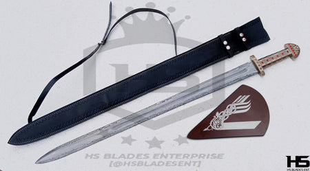 39" Damascus Viking King Sword of Ragnar & Bjorn (Full Tang, BR) from The Vikings Swords with Leather Sheath (Black with Runes Option)-Viking Swords