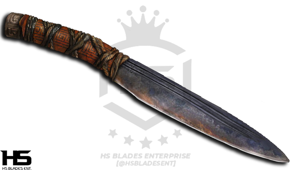 A 13-inch Functional Arteus Knife from God of War with a carbon steel blade and a brown and black handle, accompanied by a wooden wall stand and a leather sheath.