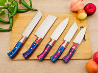 The Escoffier: Set of 5 Chef Knives (Spring Steel, D2 Steel are also available) with Sheath-Kitchen Knives