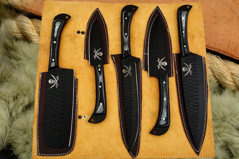 The Auguste: Set of 5 Chef Knives (Spring Steel, D2 Steel are also available) with Sheath-Kitchen Knives