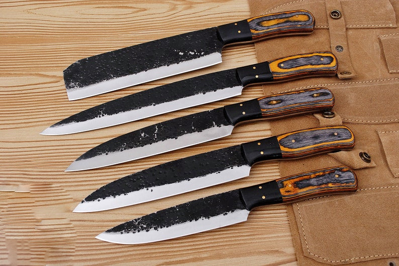 Kitchen Knife Set of 5 Carbon Steel Handmade knives, Chef Knife Set,  Kitchen Knife Set With Leather Roll kit